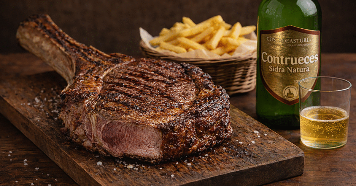 Chuletón de vaca a la parrilla acompañáu d’una botella de sidre Contrueces DOP y un culín, gastronomía tradicional asturiana.