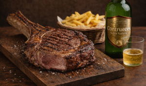 Chuletón de vaca a la parrilla acompañáu d’una botella de sidre Contrueces DOP y un culín, gastronomía tradicional asturiana.