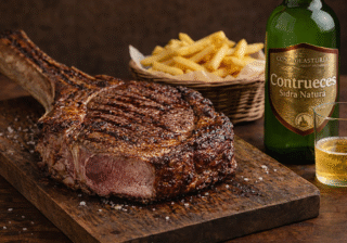 Chuletón de vaca a la parrilla acompañáu d’una botella de sidre Contrueces DOP y un culín, gastronomía tradicional asturiana.