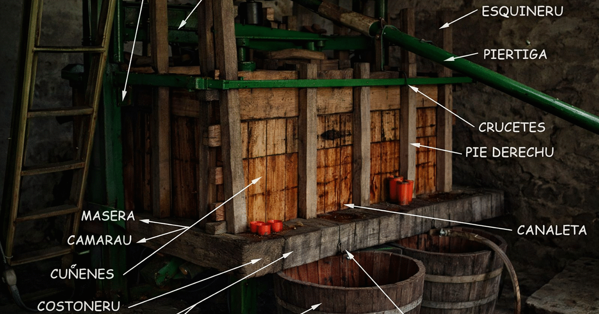 Llagar asturianu de sidre, con nome de les partes de la maquinaria