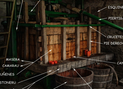 Llagar asturianu de sidre, con nome de les partes de la maquinaria