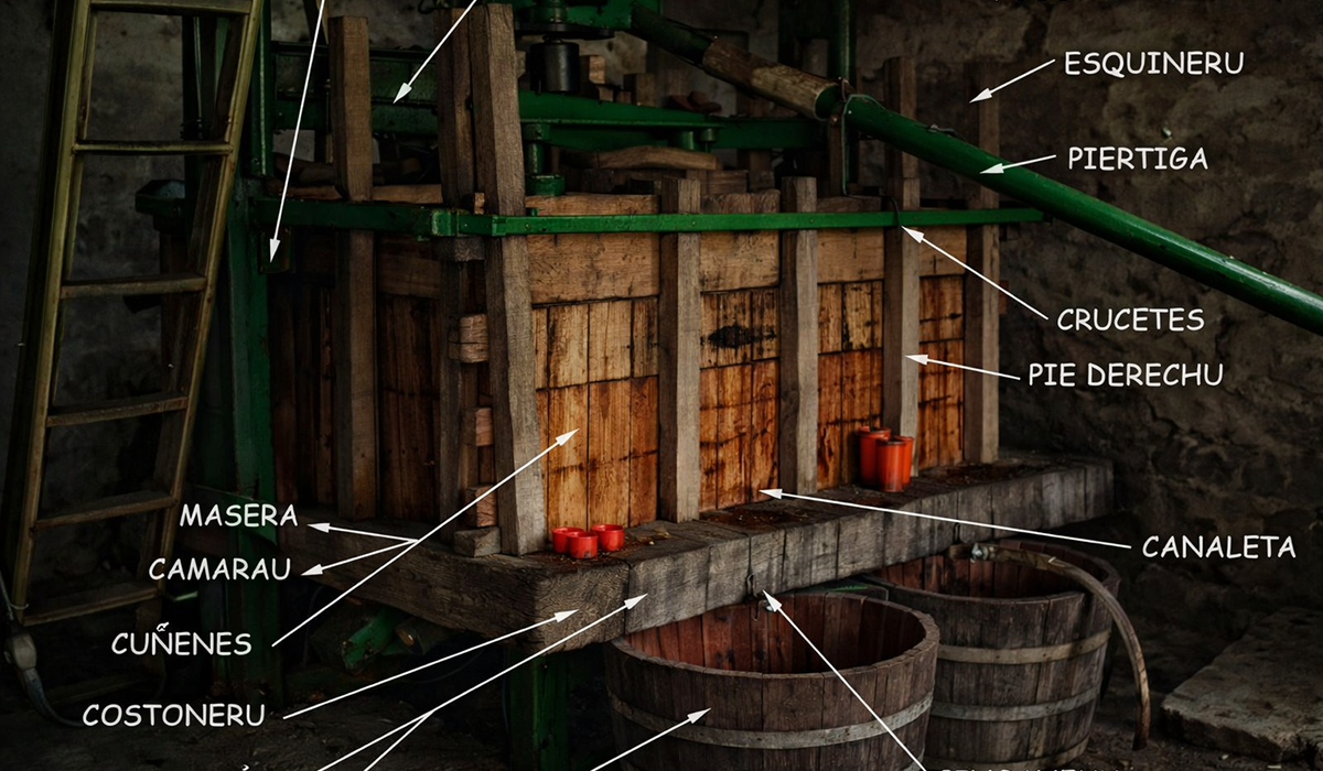 Llagar asturianu de sidre, con nome de les partes de la maquinaria