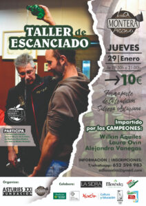 Taller d’echar sidre impartíu por campeones d’escanciáu en Xixón, nel marcu de la cultura sidrera asturiana