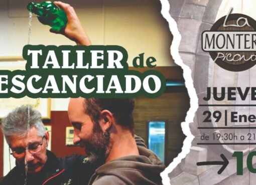 Taller d’escanciáu de sidre na sidrería La Montera Picona de Xixón, con demostración práctica d’echar sidre