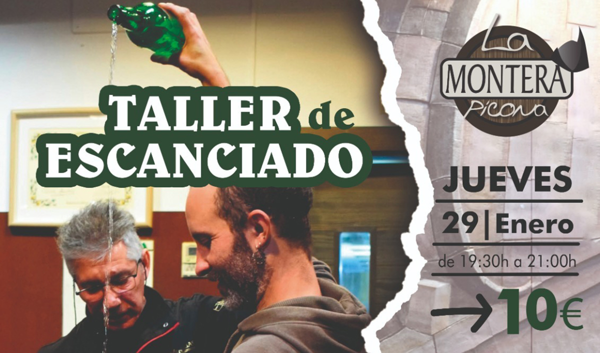 Taller d’escanciáu de sidre na sidrería La Montera Picona de Xixón, con demostración práctica d’echar sidre