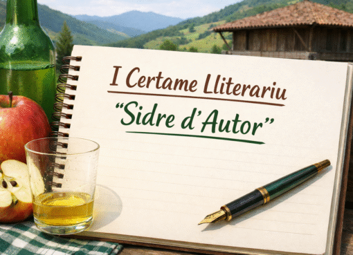 Vasu de sidre escanciada y cuadernu col títulu del I Certame Lliterariu “Sidre d’Autor”