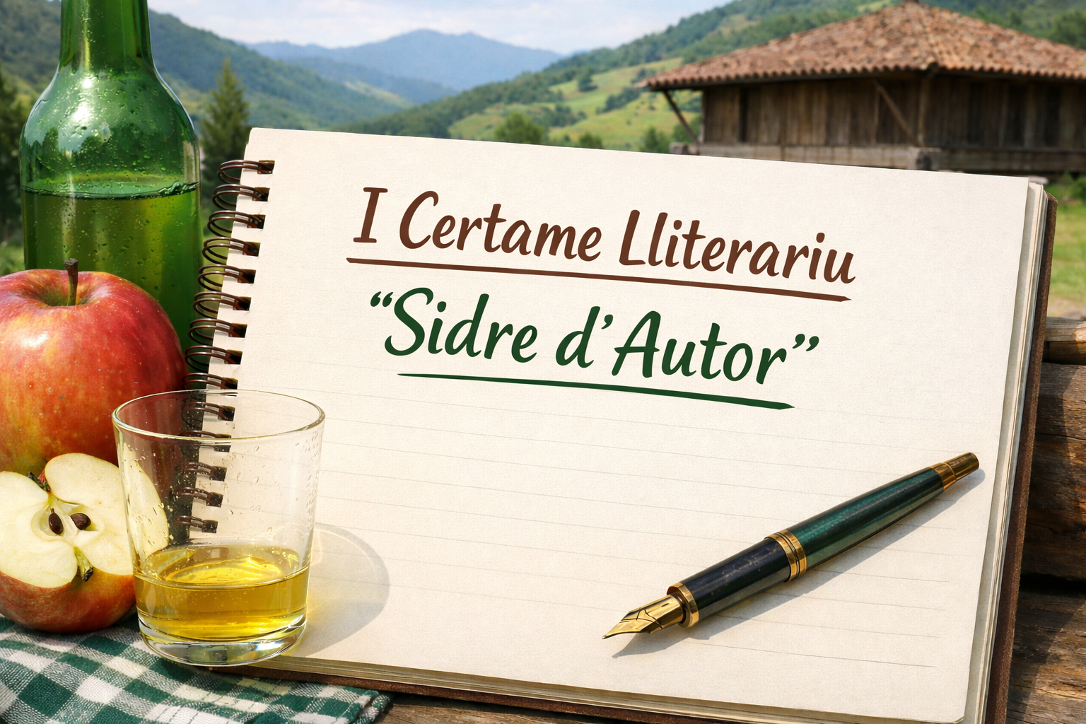 Vasu de sidre escanciada y cuadernu col títulu del I Certame Lliterariu “Sidre d’Autor”