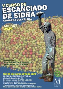 Cartel del V cursu d’echáu de sidre de la Comarca del Caudal que se celebra en Mieres en 2026