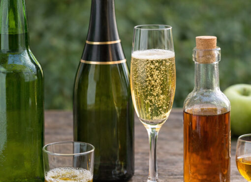 Botella de sidra natural asturiana junto a sidra brut y sidra de hielo, tres tipologías reguladas por la nueva normativa alimentaria de la sidra en España
