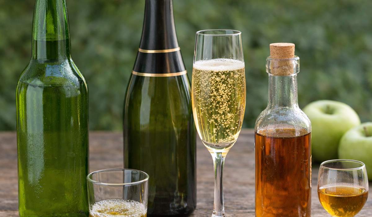 Botella de sidra natural asturiana junto a sidra brut y sidra de hielo, tres tipologías reguladas por la nueva normativa alimentaria de la sidra en España