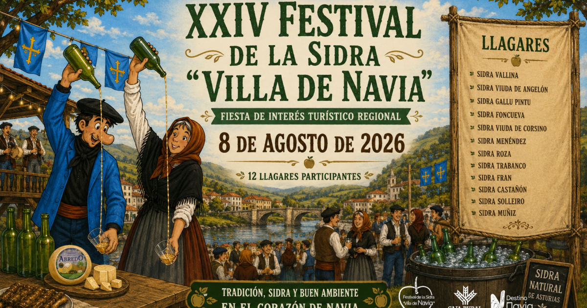 Cartelu del XXIV Festival de la Sidre Villa de Navia, Fiesta d’Interés Turísticu Rexonal, que va cellebrase’l 8 d’agostu de 2026.