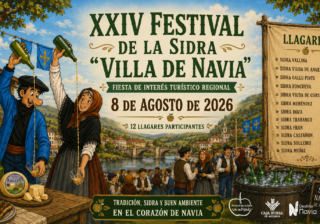 Cartelu del XXIV Festival de la Sidre Villa de Navia, Fiesta d’Interés Turísticu Rexonal, que va cellebrase’l 8 d’agostu de 2026.
