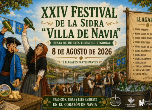 Cartelu del XXIV Festival de la Sidre Villa de Navia, Fiesta d’Interés Turísticu Rexonal, que va cellebrase’l 8 d’agostu de 2026.