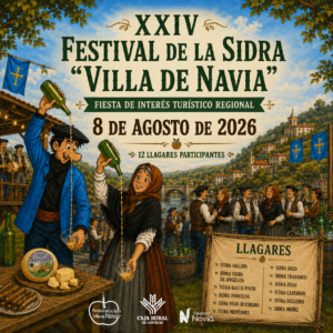 Imaxe cuadrada del Festival de la Sidre de Navia 2026, con escanciadores, público y doce llagares participantes.