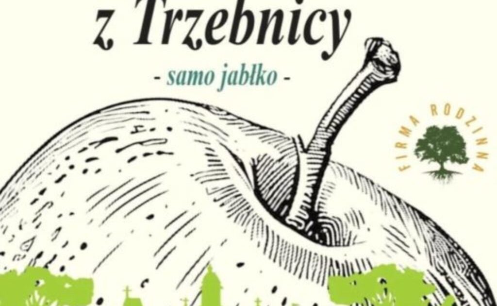 Etiqueta de Cydr Tradycyjny z Trzebnicy con una mazana dibuxada