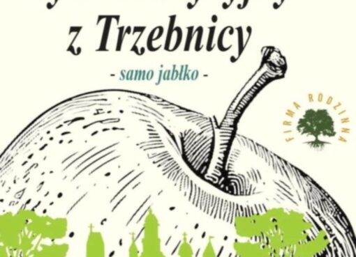 Etiqueta de Cydr Tradycyjny z Trzebnicy con una mazana dibuxada