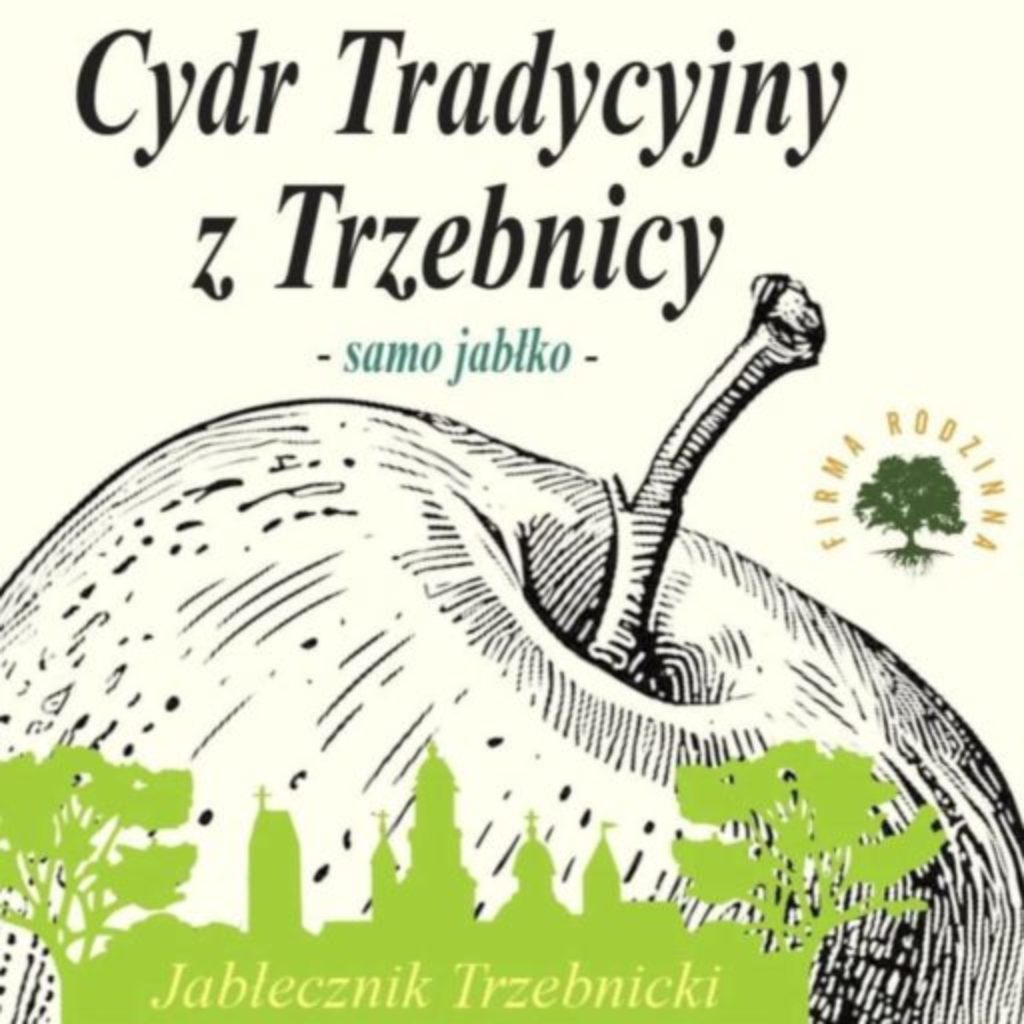 Etiqueta de Cydr Tradycyjny z Trzebnicy con una mazana dibuxada