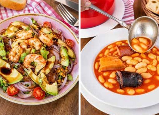 Fabada y ensalada d’aguacate con llangostinos na Sidrería Vega Redonda de Cangues d’Onís