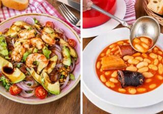 Fabada and avocado and prawn salad at Vega Redonda in Cangues d’Onís
