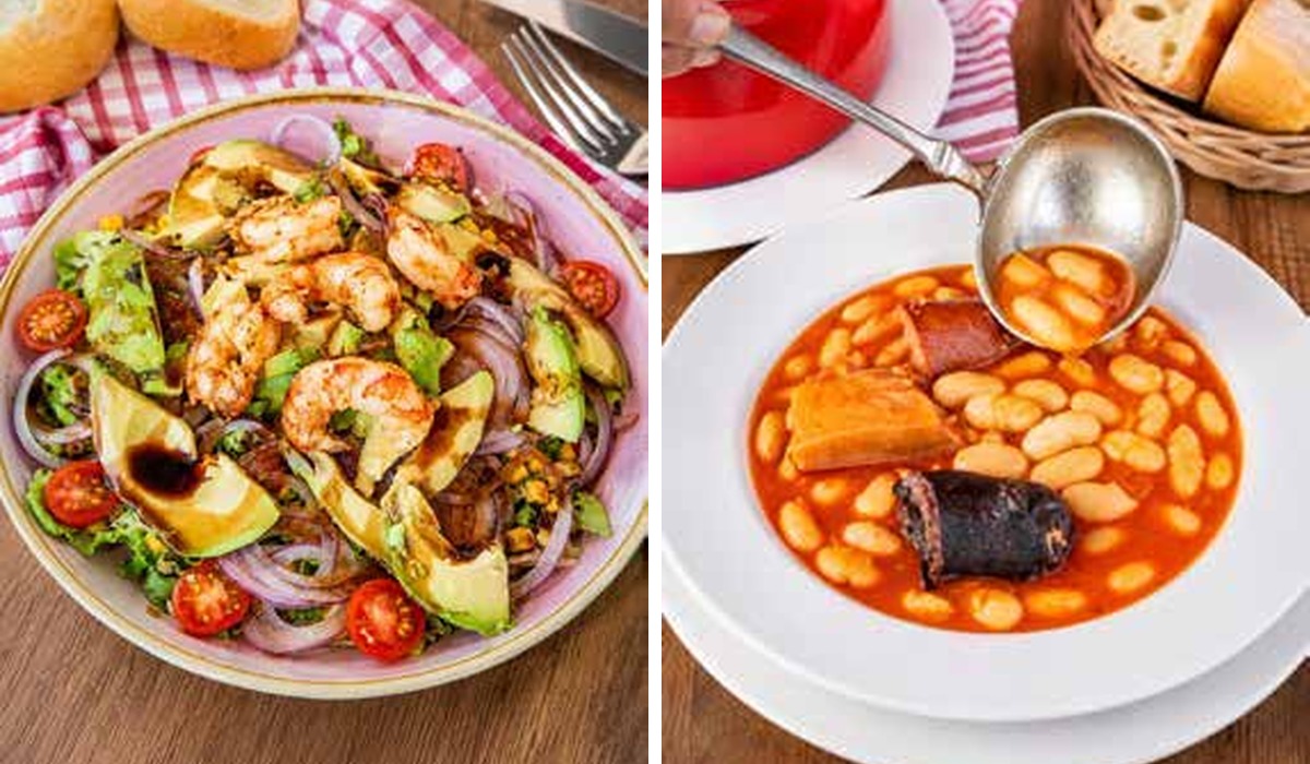 Fabada and avocado and prawn salad at Vega Redonda in Cangues d’Onís