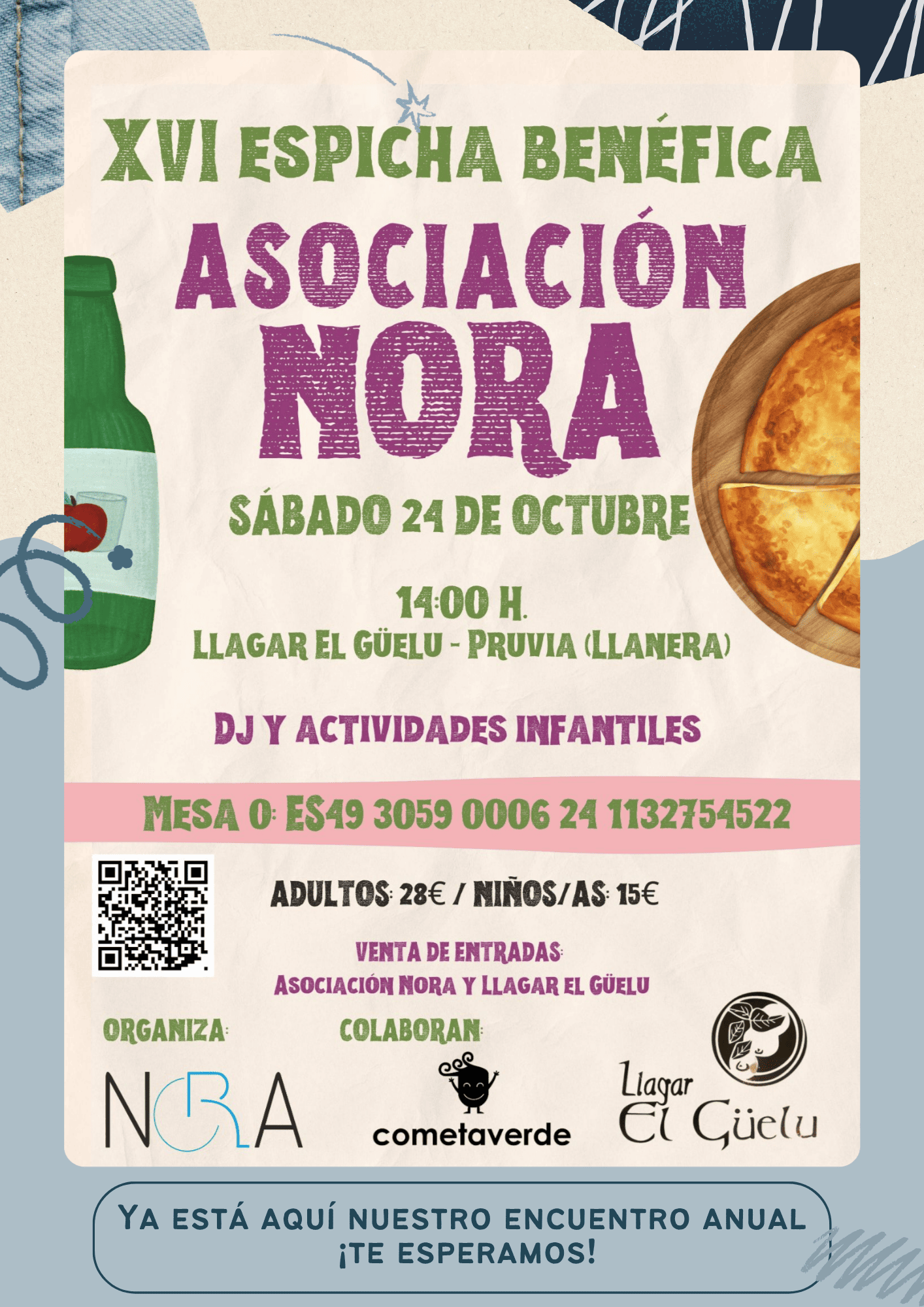 Official poster for Asociación Nora’s 16th charity espicha: 24 October at 2 pm at Llagar El Güelu in Pruvia.