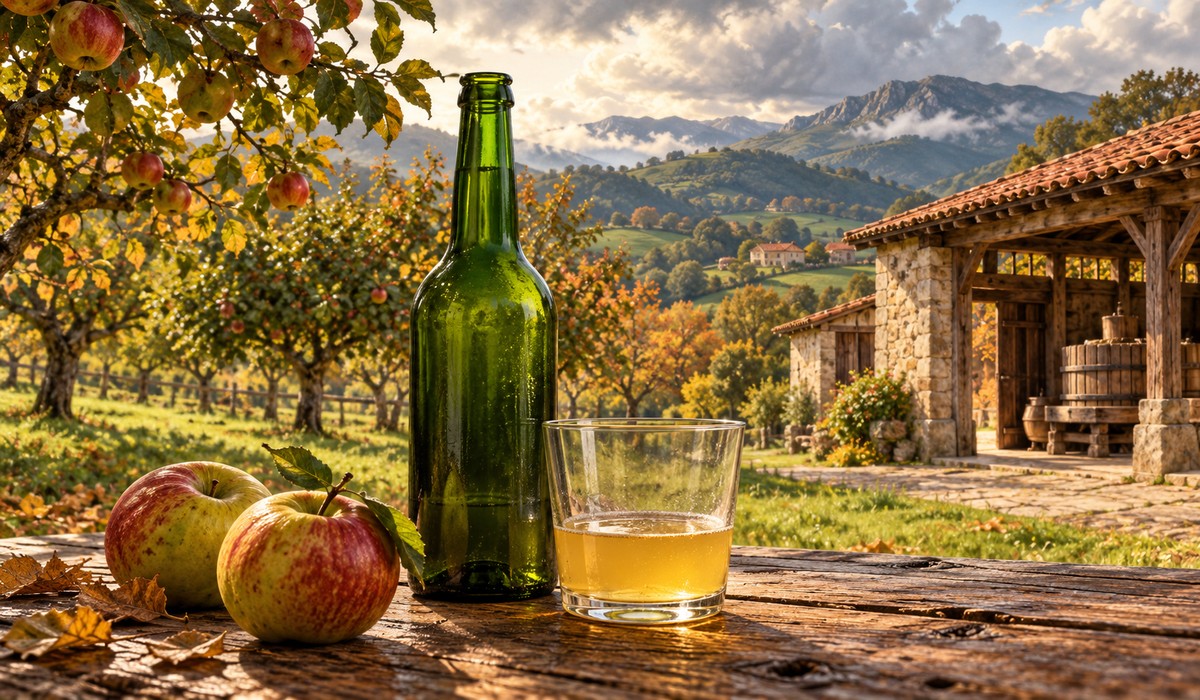 Botella y vasu de sidre con mazanes, una pumarada y un llagar nun paisaxe asturianu; ilustración creada con IA.