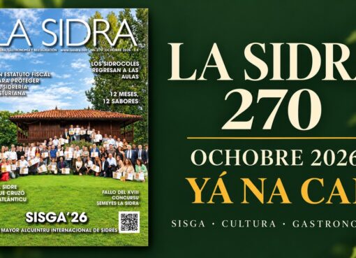 Portada de LA SIDRA 270, d’ochobre de 2026, nun diseñu promocional col anunciu «Yá na cai».