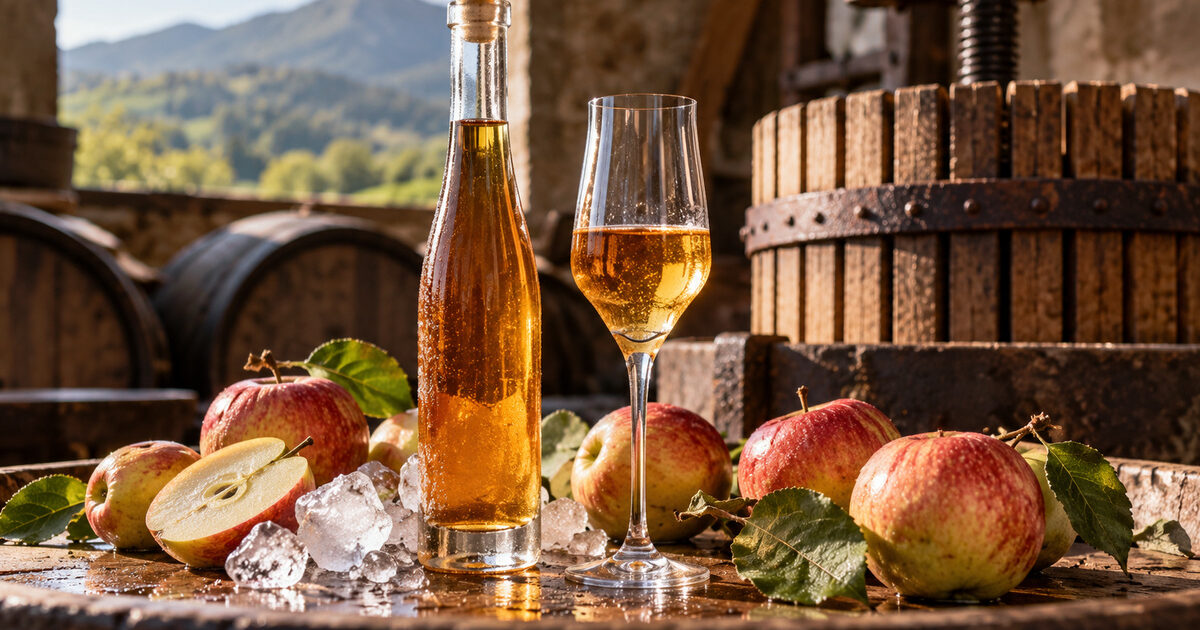 AI-generated illustration of ice cider, apples and a traditional cider mill