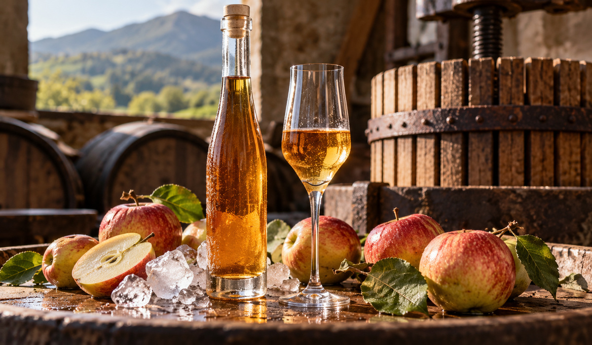 AI-generated illustration of ice cider, apples and a traditional cider mill